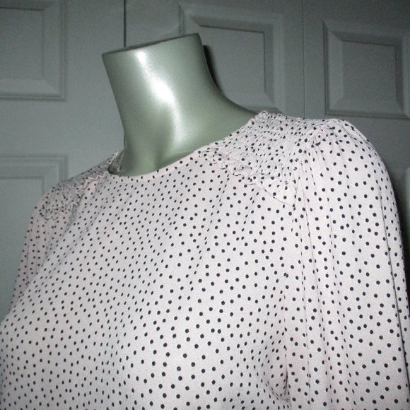 ADRIANNA PAPELL Pink/Black Polka Dot Smocked Long Sleeve Blouse - Picture 4 of 7